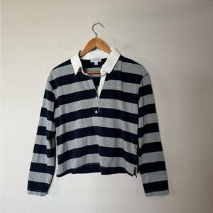 Evereve Navy and Gray Striped Long Sleeve Rugby Polo